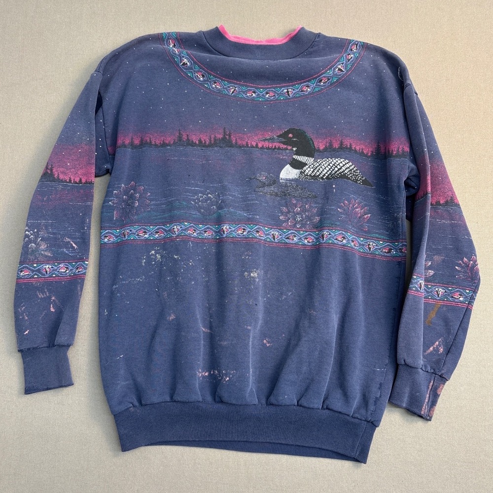 Vintage Loon Nature Graphic Sweatshirt Blue Pink Sunset Distressed Mens L